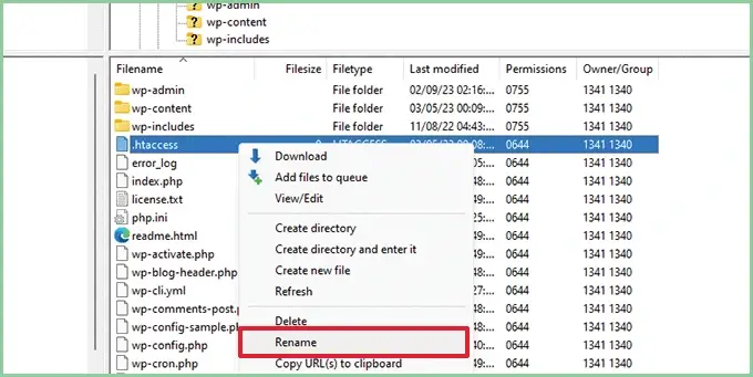 اعادة تسمية ملف .htaccess